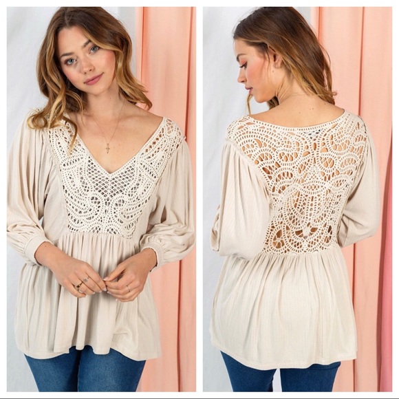 White Birch 3/4 Sleeve Solid Knit Top V-Neck Crocheted Lace Inset With Open back - Picture 2 of 10